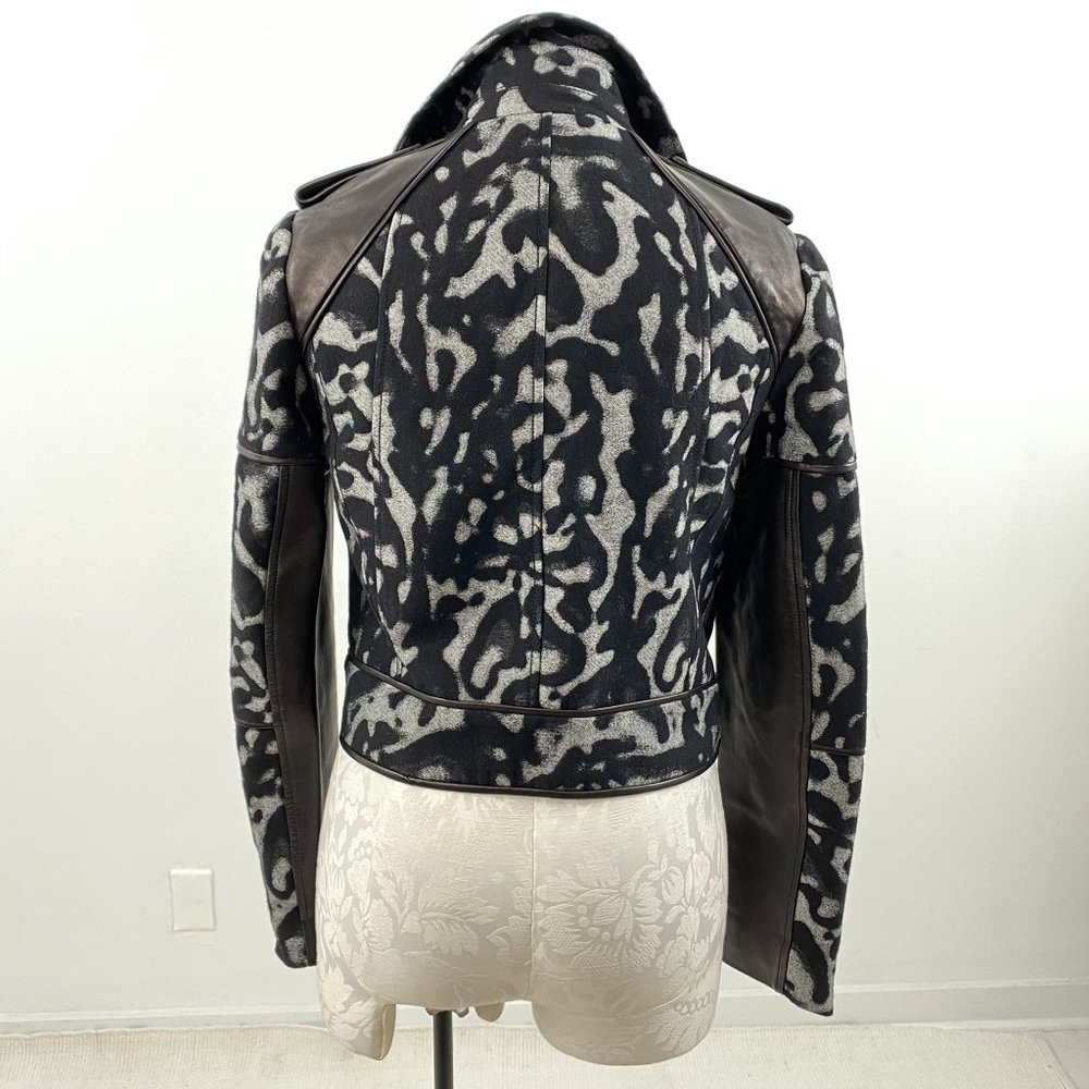 DVF Diane Von Furstenberg Jacket 6 S/M Moto Leather Wool Print Black Grey NWOT - Picture 7 of 15